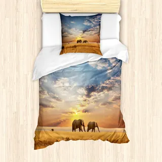 ABAKUHAUS Safari Bettbezug Set für Einzelbetten, Unberührtes Land der Elefanten, Milbensicher Allergiker geeignet mit Kissenbezug, Hellbraunes Blau - Blau
