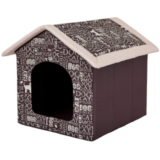 HobbyDog Hundehaus Hundehütte für mittelgroße Hunde - Katzenhaus, Katzenhöhle - mit herausnehmbarem Dach - Tierhaus für Katzen und Hunde für Drinnen/Indoor 76 x 72 x 74 cm [XXXL] Braun mit Text