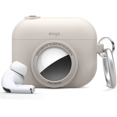 elago Schutzhülle für AirPods Pro, kompatibel mit AirTag, Klassische Kameratasche, Schlüsselanhänger inklusive [Tracking-Gerät Nicht im Lieferumfang enthalten] (Stone)