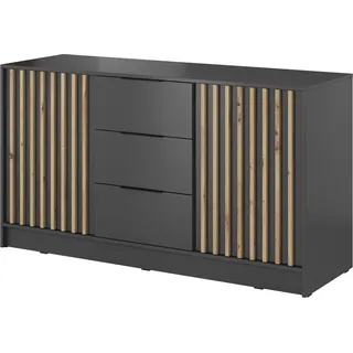 Sideboard Stilo Graphit mit Eiche Artisan Lamellen – 155 cm, 2 Türen, 3 Schubladen, Industrial - Dunkelgrau