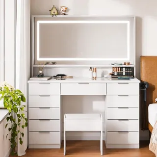 Schminktisch mit LED-Spiegel, Hocker, Glasplatte und 11 Schubladen