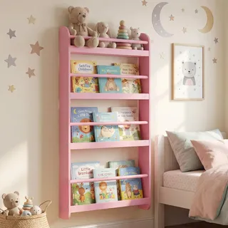 FANTASK Bücherregal Kinder, 56 x 12 x 107 cm, Kinderregal Wand mit 4 Ablagen für Spielzeug & Bücher, Wandregal aus Holz, Montessori Aufbewahrungsregal, schmal Dekoregal für Kinderzimmer (Rosa)