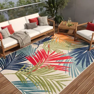 TAPISO Patio Teppich Outdoor Indoor Creme Mehrfarbig Blätter 300 x 400 cm | Robuster Teppich UV-beständig Flachgewebe Sisaloptik Wetterfest Terrasse Wintergarten Balkon OEKO-TEX