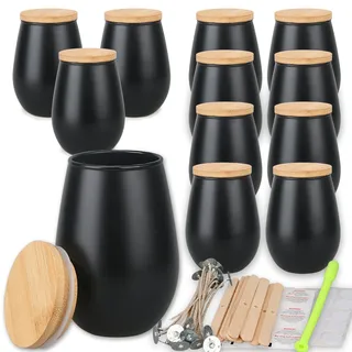 MILIVIXAY 12 Stück 325 ml Kerzengläser mit Bambusdeckel und Kerzenherstellungs-Kits – mattschwarze Kerzengläser, leere ovale Design-Kerzengläser für die Herstellung großer Kerzen, Gewürze,