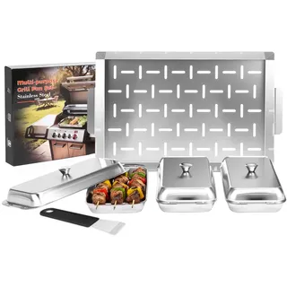 GFTIME Edelstahl Grillkorb Set 4-teilig, Grillpfannen mit Deckel & abnehmbarem Griff, Universal Grillzubehör für Gas- & Holzkohlegrill, Spülmaschinenfest, Grillpfännchen Set für Gemüse Fleisch Fisch