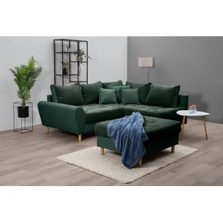 Home Affaire Ecksofa »Rice L-Form«, (Set, mit Hocker mit Bonnellfederkern, Hocker & Kissen, Ottomane beidseitig montierbar grün