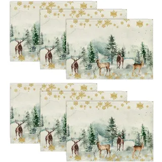 Artoid Mode Kiefern Elch Schneeflocken Weihnachten Platzsets 6er Set, 30x45cm Winter Urlaub Bankett Tischsets Platzdeckchen Küche Party Deko