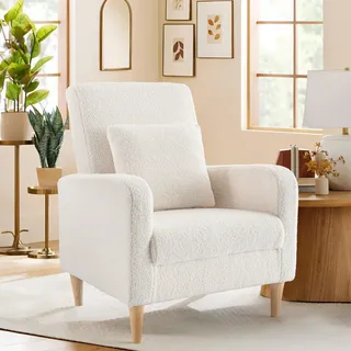 COLAMY Sessel Wohnzimmer Einzelsofa für Schlafzimmer, Moderner Gepolsterter Akzentstuhl mit Kissen, Stoff Leseecke Seitenstuhl mit Weicher Memory-Schaum Loungesitz und Holzbeinen, Creme