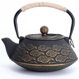 MILVBUSISS Gusseisen-Teekanne, japanische Teekanne mit Infuser für losen Tee, 800ml Teekessel für Herdplatten geeignet, mit emailliertem Innenbeschichtung, Wolkenmuster, 27oz Schwarz
