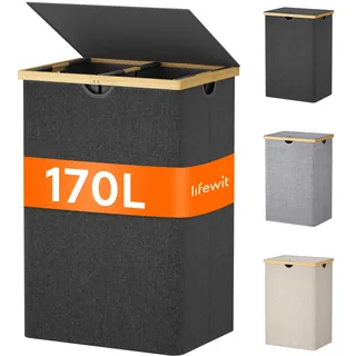 Lifewit 170L Bambus Wäschekorb mit Deckel, Faltbar Wäschesammler 3 Fächer Wäschesortierer mit Abnehmbarem Wäschesack Bambus Griffen Wäschebox Laundry Baskets für Waschküche, Schlafzimmer, Schwarz