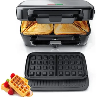 1200W Sandwichmaker 3 IN 1, 5-Gang-Temperaturregelung Waffeleisen Sandwichtoaster Kontaktgrill mit Antihaftbeschichtung für einfache Reinigung ohne Anbrennen, LED-Leuchten, Edelstahl/Schwarz