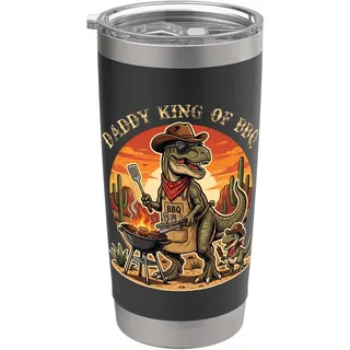 Lustiger T-Rex-Dinosaurier für Herren, Aufschrift "Daddy King Of BBQ", Vatertag Doppelwandiger Edelstahl-Thermobecher