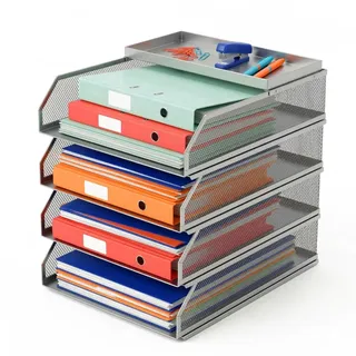 Relaxdays Briefablage, Metall, A4, 4 Fächer, HxBxT: 31 x 25 x 32 cm, Schreibtisch Organizer, Büro Ablagefächer, Silber