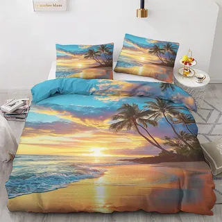 Strand Meer Deko - Winter Bettwäsche 140x200 Strand Meer, Tropische Sonnenuntergang Palmen Bettbezug 2er Set mit 1 Kissenbezug 70x90, Weiche Mikrofaser Winterbettwäsche mit Reißverschluss P&9