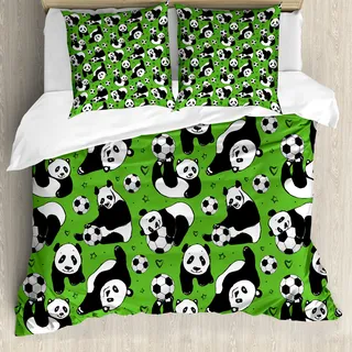 ABAKUHAUS Fußball Bettbezug, Lustiger Panda-Herz-Stern, Milbensicher Allergiker geeignet mit Kissenbezügen, 155 cm x 220 cm - 80 x 80 cm, Lime Grün Schwarz Weiß - Weiß