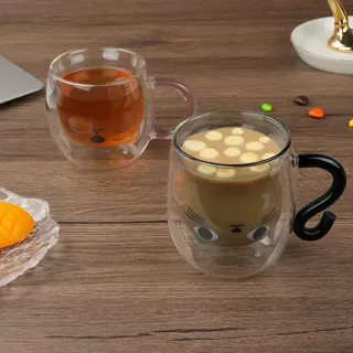 Niedliche Katzen-Tasse Doppelwandige Glastasse 250ml Isolierter Espresso-Becher mit Griff Milchbecher Geschenk für Geburtstag Valentinstag und Büro Weihnachtsgeschenke für Frauen (Schwarz) von Vicloon