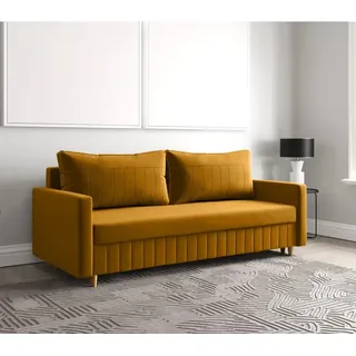 Schlafsofa MARO, Sofa mit Schlaffunktion und Bettkasten, Klappsofa, Schlafcouch mit Füßen aus Naturholz, Veloursstoff, Couch in Frabe: Gelb - Gelb