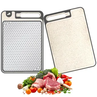 2-in-1 Doppelseitiges Küche Schneidebrett Edelstahl 304 und Naturfasern 37 × 25 CM, Multifunktionales Schneidebretter Rutschfest mit Saftrille und Mahlbereich, für Fleisch, Gemüse, Obst