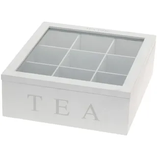 Mojawo Teebox Holz Weiß Deckel 9-Fächer mit Aufschrift TEA, Vorratsbehälter,