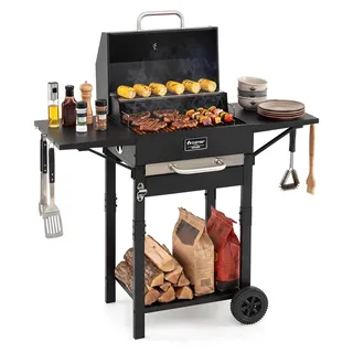 COSTWAY Holzkohlegrill klein, Grillwagen mit Deckel, 2 Seitentischen, Thermometer, Grillrost, Flaschenöffner und Rollen, Standgrill - Schwarz