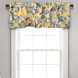 Lush Decor Dolores Lichtfilternde Fensterpaneele, 132 x 46 cm, Gelb – Stoffvorhänge – Blau-gelber Volant, Blumen-Vogeldruck – Landhaus, maximalistischer & Französischer Landhausstil, Deko