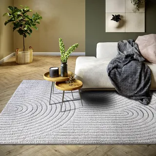 ELLE Decoration Panglao moderner Hochflor Teppich - Wohnzimmerteppich Flauschig – Hoch-Tief Effekt Skandi Boho Geometrisch Wellen, Bogen - für Wohnzimmer, Schlafzimmer, Küche - Hellgrau, 160x235cm