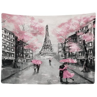 Ulticool - EifellParis Turm Schwarz Weiß Vintage Blumen Rosa - Wandteppich - 200 x 150 cm - Großer Wandteppich - Poster - Verkleidung - Leinwand - Malerei - Tapestry Zubehör Vorhang