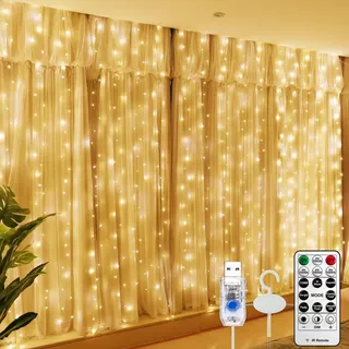 HXWEIYE Lichtervorhang 2.9 * 2.9m, lichterketten Vorhang Innen,lichterkette hängend USB Lichtervorhang Warmweiß mit Fernbedienung für Ramadan Hochzeit Party Home Wand Schlafzimmer Deko