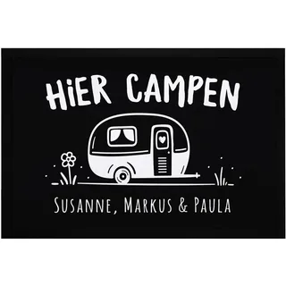 SpecialMe® Fußmatte Camping personalisiert mit Namen Familie Geschenk für Wohnwagenbesitzer Familie rutschfest & waschbar Schwarz 60x40cm