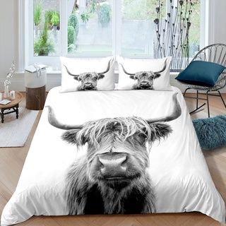 Hochlandkuh Bettwäsche Set 135X200 Für Kinder Jungen Erwachsene Mann Waldtiere Trösterbezug Longhorn Bull Rinder Bettbezug Rustikal Wild Life Bettbezug Schlafzimmer Dekor Grau