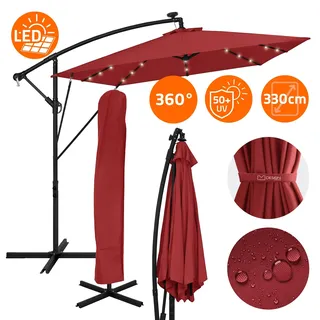 ML-Design Ampelschirm Ø330cm mit LED Solar Rot Alu Sonnenschirm mit Kurbel Abdeckung & Ständer Sonnenschutz & wasserabweisend drehbar & neigbar - Rot