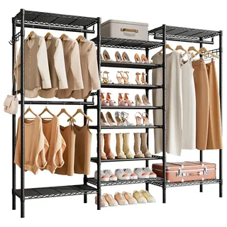 KZOBYD Kleiderständer, Multifunktional Garderobenständer mit Höhenverstellbaren Einlegeböden, Schwerlast Kleiderstange mit Schuhablage Metall Kleiderbügel Kleiderschrank mit Haken (Schwarz)