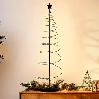 Spiral Weihnachtsbaum mit 47 LED aus Metall in schwarz mit Timer - 80 cm - Lichterbaum mit Stern Spitze warm weiß beleuchtet Batterie betrieben - Schwarz