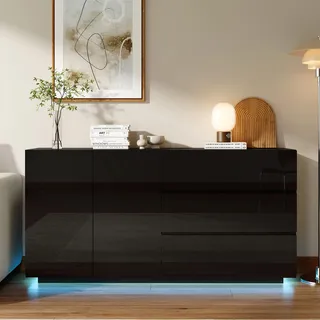 Sideboard - Anrichte - Hochglanz - 3 Schubladen & 2 Türen - LED-Beleuchtung - Holz - Modern minimalistisch - Schwarz A2 - Schwarz