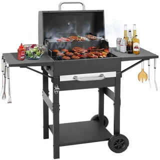 Holzkohlegrill Groß mit Deckel und Gusseisen Grillrost – Edelstahl Grillwagen für Outdoor Garten, Camping BBQ & Smoker