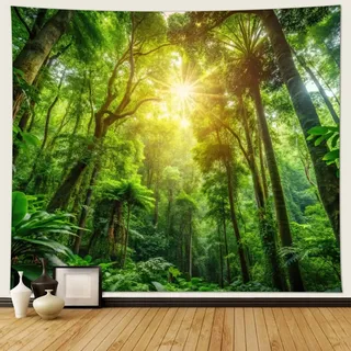 Musihy Landschaft Wandteppich, 350x256cm Sonnenlicht Wald NaturlandschaftWandbehang Dekoration für Wohnzimmer Schlafzimmer & Schlafsaal, Grün