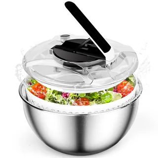 4.5L Edelstahl Salatschleuder Großer Gemüsewäscher Rutschfester Boden & Stopptaste,Push-Typ Salatschleuder mit Deckel Spülmaschinenfeste Salad Spinner für Salat, Gemüse, Kräuter, Beeren