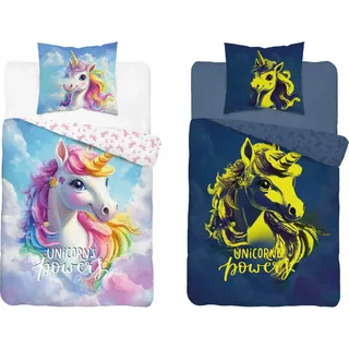 Baumwollbettwäsche, Kinderbettwäsche, im Dunkeln leuchtend 160x200 5547a Einhorn - Bunt