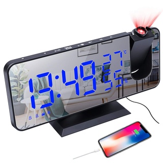 YUNYODA Projektionswecker, digitaler LED-Wecker mit Spiegelfläche, USB-Ladeanschluss, Wiederholung, Dual-Alarm, FM-Radio, 3 Dimmmodus, Luftfeuchtigkeit der Temperatur, Einstellung 12/24 Stunden