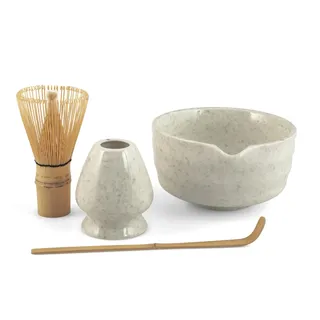 H&H, Matcha Tee Set 4-teilig – Bambusbesen, Porzellanhalter, Schale & Dosierlöffel – Komplettes Set für die Matcha-Zubereitung – Farben assortiert (zufällige Farbauswahl)