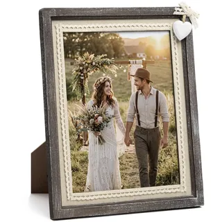 Afuly Holz Bilderrahmen 13x18 Vintage Rustikale Shabby Natur Braun Fotorahmen mit Weißen Herz und Sackleinen Hochzeitsgeschenke