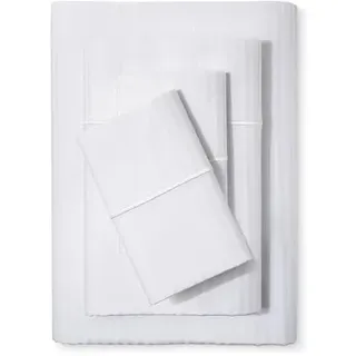 Feather & Stitch Bettwäsche-Set, Fadenzahl 500, 100% Baumwolle, gestreift, 4-teilig, atmungsaktiv, weiches Satingewebe, 45,7 cm Tiefe Tasche, luxuriöse Bettwäsche (Queen, Weiß)