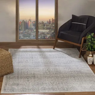 Livabliss Evora Vintage groß - Orientalischer Wohnzimmer 160x216 cm, Esszimmer, Schlafzimmer - Boho Kurzflor e für einfache Pflege - Grau, Schiefer und Elfenbein