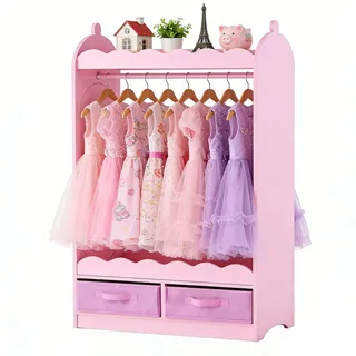 VEVOR Kinderkleiderschrank 604x339x1080mm, Kindergarderobe mit Spiegel Kleiderstange Ablagen, Verkleidungsschrank aus MDF mit Stoffschubladen für Mädchen, Kinderschrank für Kostüme Schlafzimmer, Rosa