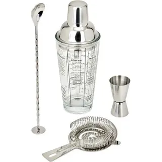 400-ml-Cocktailset – Edelstahl – 1 Shaker, 1 Jigger, 1 Löffel, 1 Barsieb – Doppelte Skala - Silber