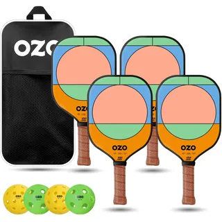 OZO Pickleball - Set mit 4 Schlägern, 4 Bällen und Tasche - Jupiter Mittelstufe Power-Schläger + 4 Injektionsbälle (2X Indoor + 2X Outdoor)