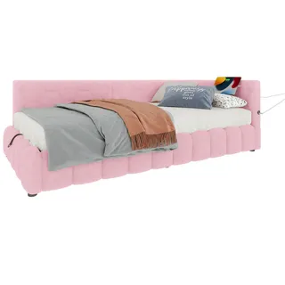 Redom Tagesbett 90/200 cm mit LED-Lichtleiste, Usb, Typ-C und hydraulischem Bettkasten, Rosa , Textil , 90x200 cm , Schlafzimmer, Betten, Polsterbetten