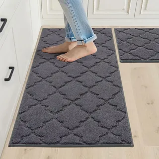 COSY HOMEER Küchenteppich 2 Stück, Teppich Küche Waschbar rutschfest, Küchenläufer, Teppichläufer Flur, Teppich Läufer für Küche, Flur, Wohnraum (50 x 75 cm + 50 x 120 cm, Dunkelgrau)