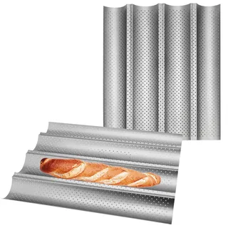 CHUENKUK 2 Stück Baguette Blech (für 4 Baguettes), 38 x 33 x 2.4 cm Edelstahl Baguetteblech, Baguetteform für Baguettes, Französisches und Italienisches Brot, Silber