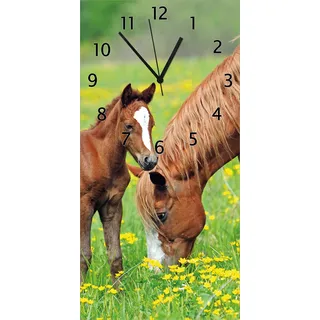 Wallario Design Wanduhr Pferde auf der Koppel aus Echtglas, Größe 30 x 60 cm - Grün
